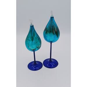 Vintage Hand Blown Art Glass Oil Bulb Wick Candle Stick Set ~ 8.5"H & 7.5"H